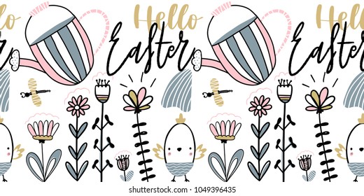 Easter card with calligraphy lettering hello easter. Handwritten vector illustration
