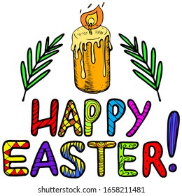 Easter card with candle, willow branches and lettering. Happy Easter! Multi-colored mosaic text Happy Easter greetings. Merry card in bright colors. Elements for design, print, greeting cards and web.