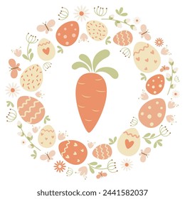 Easter card with carrots, flowers, leaves, eggs on a white background. Round ornament. Ideal for holiday design. Vector.