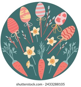 Easter card with carrots willow and eggs flat design dark background