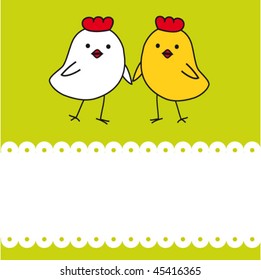 Tarjeta de Pascua con pollos de dibujos animados. Ilustración vectorial.