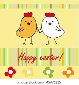  Tarjeta de Pascua con pollos de dibujos animados. Ilustración vectorial.