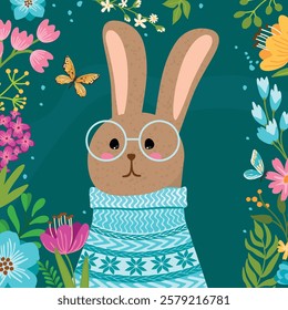 Easter card with cartoon rabbit surrounded by flowers. Spring background with floral frame and cute animal character in a sweater and glasses. Print on fabric and paper. Vector flat color illustration