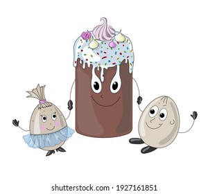 Easter card in cartoon style. Easter cake and funny eggs are holding hands and smiling. Stock vector illustration on a white background.