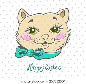 Easter card with cat and flowers, beautiful illustration for Holiday design