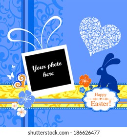 Easter card. Celebration blue background with Easter Rabbit. Elegant Vintage empty Photo frame Background. Vector Illustration. 