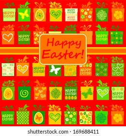 Easter card. Celebration red background with Easter gift boxes. Seamless pattern. vector illustration 