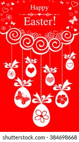 Easter card. Celebration red background with Easter eggs and place for your text.  Vector Illustration
