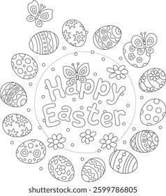 Easter card with celebratory painted gift eggs, spring flowers and butterflies, black and white outline vector cartoon illustration for a coloring book