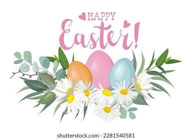 Tarjeta de Pascua con decoración de camomila y huevos de colores. Tipografía dibujada a mano Feliz Pascua