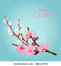 Easter card with cherry blossom and willow branches. Spring bouquet with pink cherry flowers and fluffy pussy willow branches. Vector Illustration