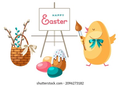Easter card with chick-artist. Сute cartoon chicken with a brush writes congratulations on canvas, surrounded by eggs, a cake and a basket with pussy willow branches. Isolated white background.