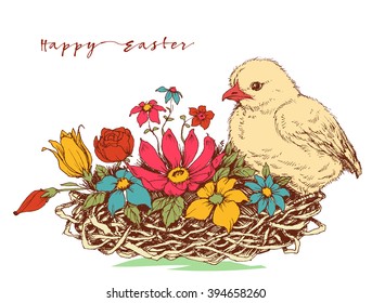 Easter card, chicken and a basket of flowers