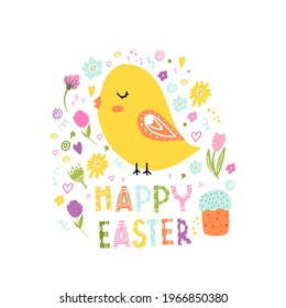 Easter card with a chicken and cake. Festive decoration for Easter for printing on posters, stickers, clothes. Doodle style. Vector isolated illustration with a cute bird for greeting cards. 
