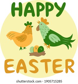 easter card, chicken, cock and easter eggs