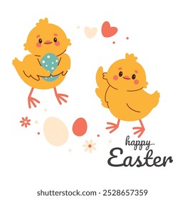 Easter card with chicken and egg. Happy Easter card with bunny. Easter greeting card with flowers and eggs. Cute Easter cardt. Spring collection of animals, flowers and decorations. For poster, card