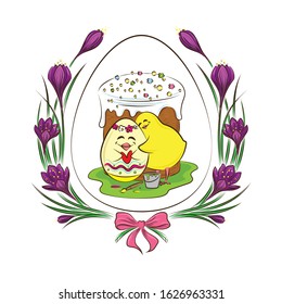 Easter card with chicken, egg and spring flowers
