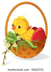 Easter card. Chicken and eggs in basket with sprig of willow