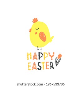 Easter card with a chicken. Festive decoration for Easter for printing on posters, stickers, clothes. Vector isolated illustration with a cute bird for greeting cards. Doodle style. 