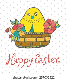 Easter card with chicken and flowers, beautiful illustration for Holiday design