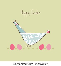 easter card with chicken on green background