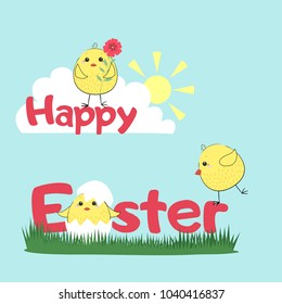 Easter card with chickens in the meadow. Vector illustration