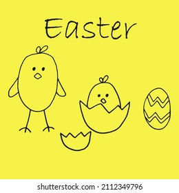 Easter card with chickens on a yellow background. Hand drawn.