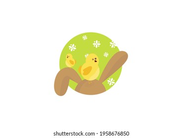 Easter card. Chickens sit on the head of a rabbit. Protruding rabbit ears. Round vector illustration on a green background with flowers. Holiday