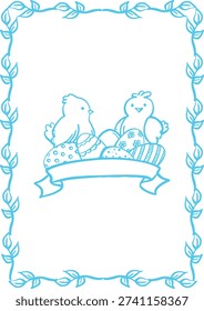 Easter card with chiks, and painted eggs and floral frame vector graphics illustration. Whimsical hand drawn poster for holiday greeting. Festive doodle design. Template for invitation to egg hunt.