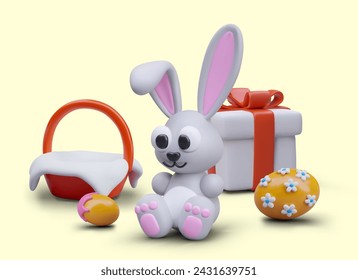 Easter card in children style. Cute 3D rabbit, basket, gift box, decorated eggs