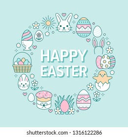 Easter card circle template with flat line icons. Colored eggs, basket, egg hunt, rabbit, spring flowers, cake round vector illustration. Thin signs poster for christianity celebration.