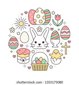 Easter card circle template with flat line icons. Colored eggs, basket, egg hunt, rabbit, spring flowers, cake round vector illustration. Thin signs poster for christianity celebration.