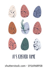 Easter card clip art elements - egg, bunny, flowers and branches. Rustic easter concept. Vector flat cartoon illustration. Perfect for poster, print, card, invitation, greeting, tag