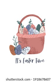 Easter card clip art elements - egg, bunny, flowers and branches. Rustic easter concept. Vector flat cartoon illustration. Perfect for poster, print, card, invitation, greeting, tag