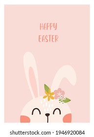 Easter card clip art elements - egg, bunny, flowers and branches. Happy easter concept. Vector flat cartoon illustration. Perfect for poster, print, card, invitation, greeting, tag