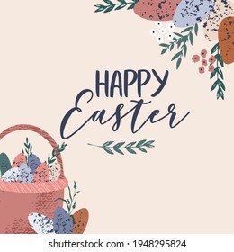 Easter card clip art elements - egg, bunny, flowers and branches. Rustic easter concept. Vector flat cartoon illustration. Perfect for poster, print, card, invitation, greeting, tag