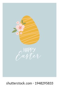 Easter card clip art elements - egg, bunny, flowers and branches. Happy easter concept. Vector flat cartoon illustration. Perfect for poster, print, card, invitation, greeting, tag