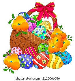 Tarjeta de Pascua. color. cesta con huevos y flores.