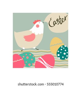 Easter card with colored eggs and chicken.