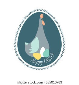Easter card with colored eggs and chicken.