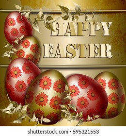 Easter Card  with colored Easter eggs on a gold background. Happy Easter. Vector Illustration