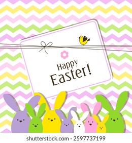 Easter Card with Colorful Bunnies and a Little Bird