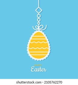 Easter card. Colorful decorated openwork Easter egg hangs on bright blue background. Ribbon with decorations. Happy Easter inscription. Vector illustration