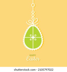Easter card. Colorful decorated openwork Easter egg hangs on bright yellow background. Ribbon with decorations. Happy Easter inscription. Vector illustration