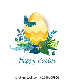 Easter card with colorful egg, leaves, butterflies, flowers and berries on white background. Egg Icon with text Happy Easter for festive banner, invitation, design elements. Vector illustration