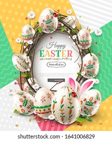 Easter card with colorful eggs, fern and flowers on colorful modern geometric background. Place for your text