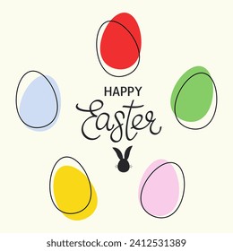 Easter card with colorful eggs. Flat minimalistic vector illustration. Lineart modern style. Greeting card, sale, post, invitation.