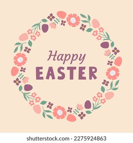 Easter card with colorful frame with cutout branches, flowers and easter eggs. Template for greeting card, invitation, poster, social media. Vector illustration