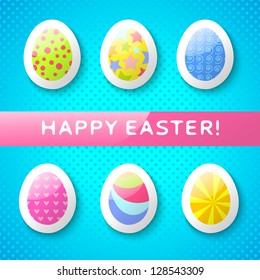 Easter card with colorful funny paper eggs on blue polka dot background. Vector illustration for your fun happy holiday design. Greetings.