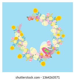 Easter card  with colorful ornate eggs, flowers 